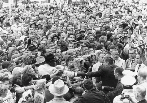 President John F. Kennedy at the 'Parking Lot Rally,' Friday morning, 22 November 1963, Fort Worth, Texas, outside of the Hotel Texas, From Uploaded