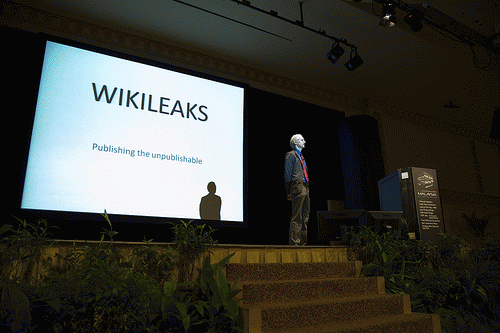 Julian Assange, founder of Wikileaks, at a conference discussing Wikileaks' commitment to 