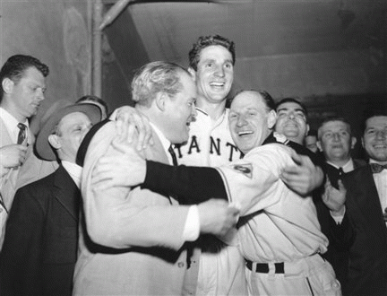 Bobby Thomson, Horace Stoneham, and Leo Durocher (1951),, From ImagesAttr