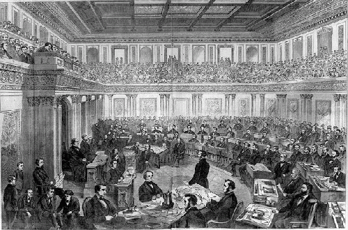 Artist Rendering of the Impeachment of Andrew Johnson in 1868