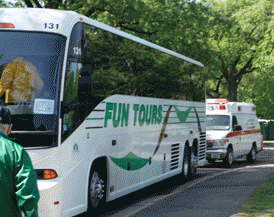 Motorcoach and ambulance