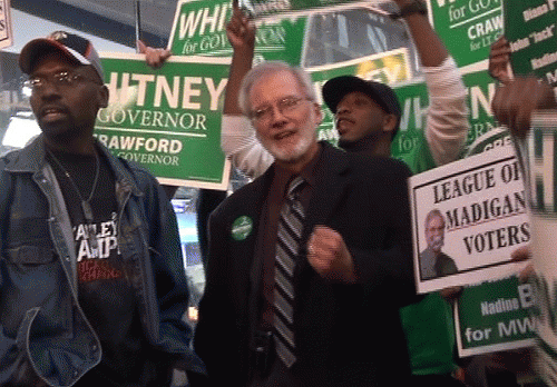 Rich Whitney (right) rallying supporters outside of ABC7 Chicago studio as the League of Women Voters, a civic organization committed to informing voters, excludes IL voters from hearing from Whitney, an established Green Party candidate for governor of I, From ImagesAttr