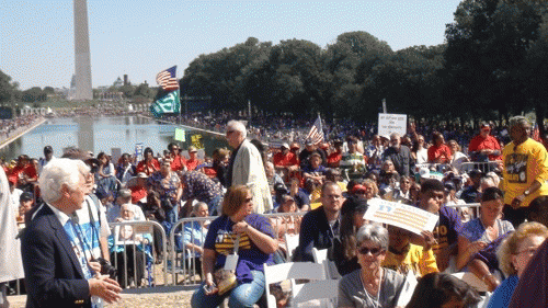 Many of the people who energized support for Barack Obama in 2008 gather at the Lincoln Memorial for the 