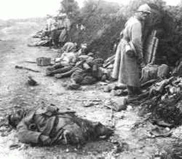 World War I dead litter a road after a battle