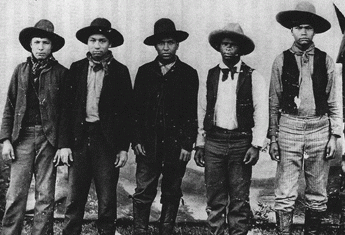 The Rufus Buck Gang in 1895. Rufus Buck is third from the left., From ImagesAttr