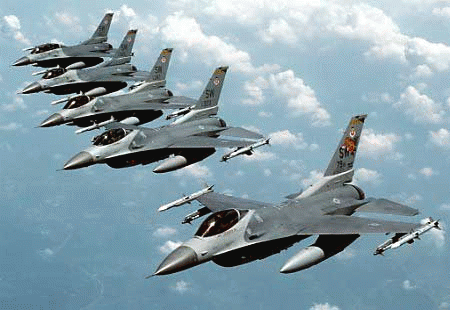 Israel's entire air force, like these F-16s, are made in and financed by the US, From ImagesAttr