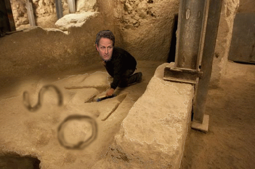 Monetary Archaeologist Tim Geithner sweeps bedrock carvings, From ImagesAttr