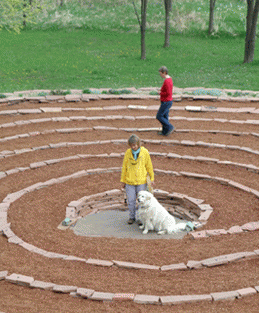 Emily Nelson and friends walk the Adobe & Pines B & B Labyrinth, WLD, Taos NM