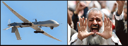 A US drone and an angry man protesting US drones on the street in Sanaa, Yemen