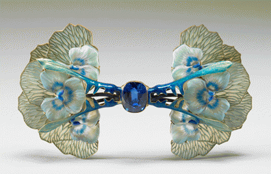 Rene Jules Lalique, French. Brooch, ca. 1903. Gold, glass, enamel, sapphire.