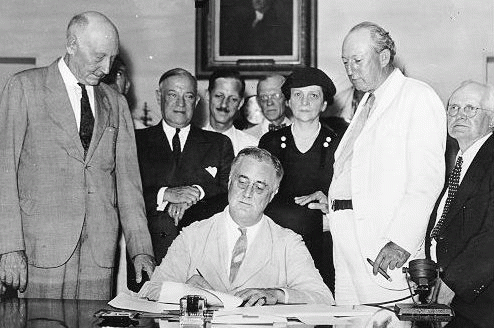 FDR signing Social Security into law. Repugs have been out to kill it ever since, From ImagesAttr