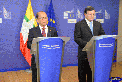 President Thein Sein held a press conference with European Commission President Mr. Jose Manuel Barroso at the office of the European Commission in Brussels of Belgium on 5 March 2013, Tuesday. (Photo: President Office Website), From ImagesAttr