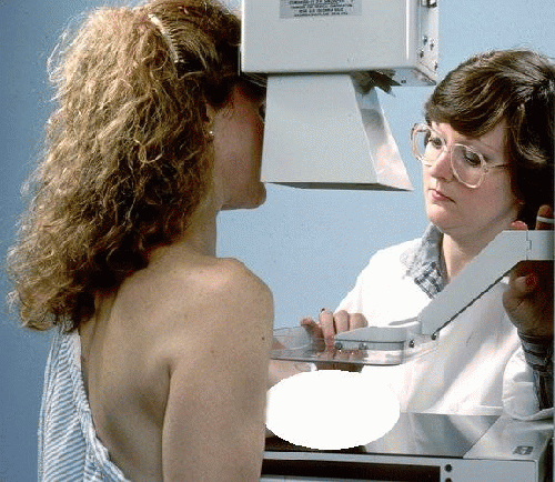 Woman undergoing a mammogram of the right breast, From ImagesAttr
