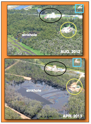 Sinkhole growth: Aug. 2012 and April 2013.