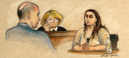 Today's testimony revealed that until Bradley Manning punched Specialist Showman, shown testifying above earlier in the trial, none of Manning's behavioral issues were reported to the company commander. (art: Kay Rudin/RSN), From ImagesAttr