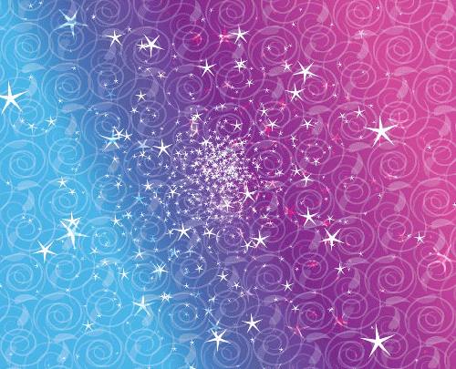 pink and sky blue with stars, circles and scrolls