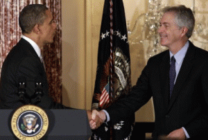 U.S. President Barack Obama shakes hands with Deputy Secretary of State William Burns at the Diplomatic Corps holiday reception at the State Department in Washington on December 19, 2012., From ImagesAttr