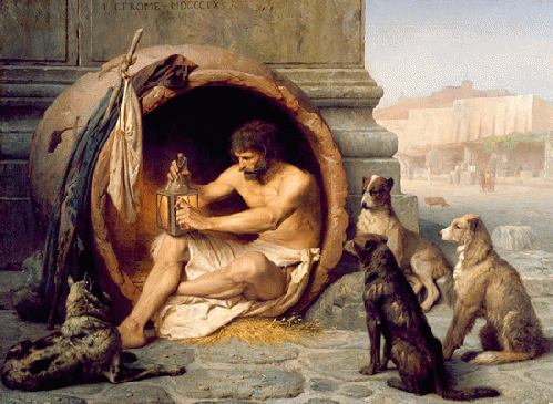 The ancient Greek philosopher Diogenes took simple living to the extreme, and lived in an old wine barrel. Painting by Jean-LÃ©on GÃ©rÃ´me, From ImagesAttr