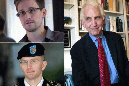 Clockwise from top left: Edward Snowden, Daniel Ellsberg, and Bradley Manning., From ImagesAttr