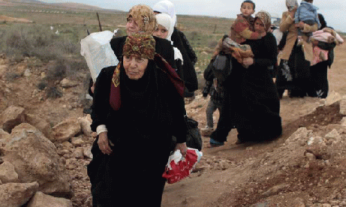 A line of Syrian refugee women, some carrying children, cross into Jordan from southern Syria., From ImagesAttr