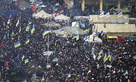 Kiev's Independence Square filled with Ukrainian pro-EU integration supporters. Their protest eclipsed a rival pro-government protest by workers bussed in from the south and east., From ImagesAttr