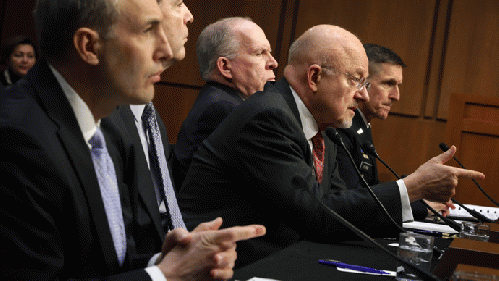 (L-R) National Counterterrorism Center Director Matthew Olsen, FBI Director James Comey, Director of National Intelligence James Clapper, CIA Director John Brennan, Defense Intelligence Agency Director Lt. Gen. Michael Flynn testify during a hearing, From ImagesAttr