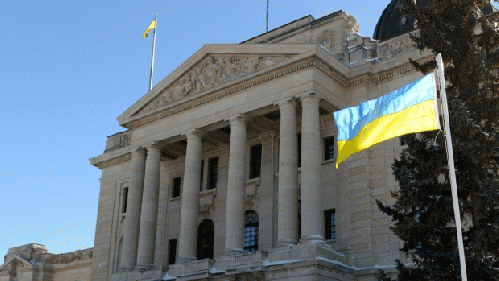 Ukrainian flag raised outside the Saskatchewan legislature