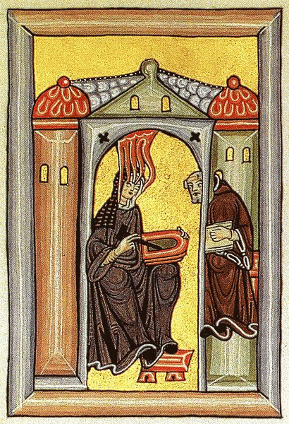 Illuminated image of Hildegard of Bingen and her secretary , Volmar