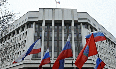 Russian flags outside the Crimean parliament building in Simferopol., From ImagesAttr