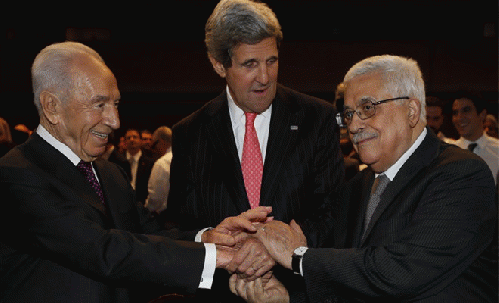 Secretary of State John Kerry (C) shakes hands with Israeli President Shimon Peres (L) and Palestinian President Mahmoud Abbas.