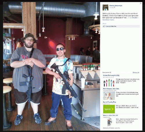 A Facebook photo showing two men apparently unrelated to Open Carry Texas inside a Chipotle outlet armed with SKS rifles, semi-automatic weapons of the kind once used by both the Soviet Army and the Viet Cong., From ImagesAttr