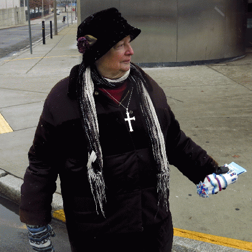 Eleanor McCullen, lead plaintiff in the case before the Supreme Court, outside the Planned Parenthood clinic in Boston., From ImagesAttr