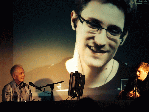 Left to right:  Daniel Ellsberg, Edward Snowden, and Free Press Foundation moderator, From ImagesAttr