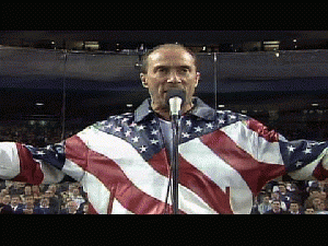 2001 WS Gm4: Lee Greenwood sings .God Bless the USA. 10/31/01: Lee Greenwood sings .God Bless the USA. at Yankee Stadium prior to Game 4 of the World Series between the D-backs and Yankees Check out ..., From ImagesAttr