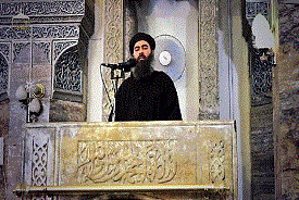A still photo from a video that the IS claims is for their leader Abu-Bakr Al-Baghdadi