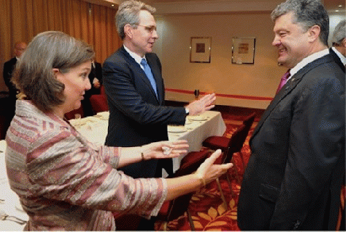 Assistant Secretary of State Victoria Nuland, Ambassador to Ukraine Geoffrey Pyatt, and Ukraine Pres. Petro Poroshenko - U.S. Dept of State  in happier days