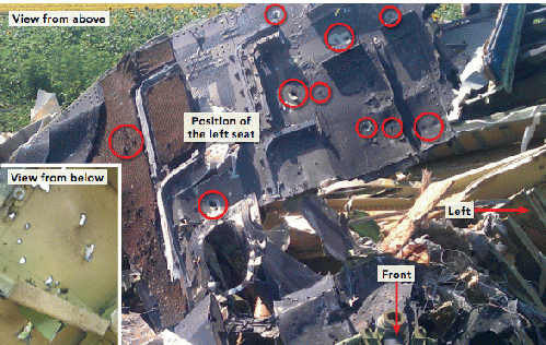 Cockpit Floor with Floor Parts showing puncture holes (red circles) coming from above the floor. Source NBAAI, From ImagesAttr