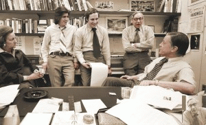 The Washington Postâ€™s Watergate team, including from left to right, publisher Katharine Graham, Carl Bernstein, Bob Woodward, Howard Simons, and executive editor Ben Bradlee., From ImagesAttr