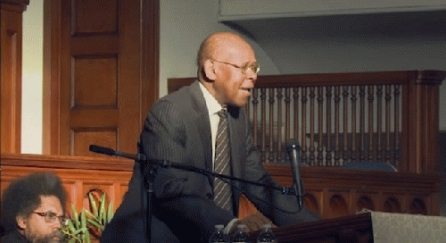 Cornel West, left, listens as James Cone speaks at Chris Hedgesâ€™ ordination Oct. 5 at the Second Presbyterian Church in Elizabeth, N.J., From ImagesAttr