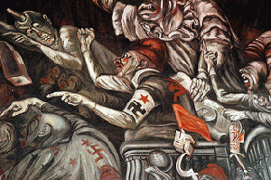The Clowns of War Arguing in Hell, war mongers with their political agendas and logos, Jose Clemente Orozco Mural, Governor's Palace, (Palacio de Gobierno built in 1774), Guadalajara, Jalisco, Mexico, From ImagesAttr
