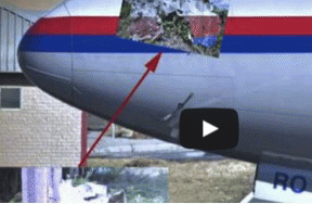 Riddled (bullet?) section of MH17 superimposed to show location on actual aircraft, From ImagesAttr
