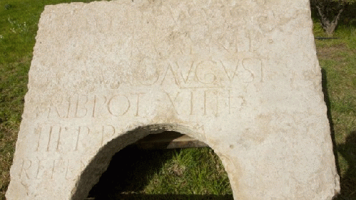 A monumental Roman inscription found in Jerusalem by the Israel Antiquities Authority. (photo credit: Moti Tufeld)  Read more: Rare Roman monument bearing Hadrian's name found in Jerusalem, From ImagesAttr