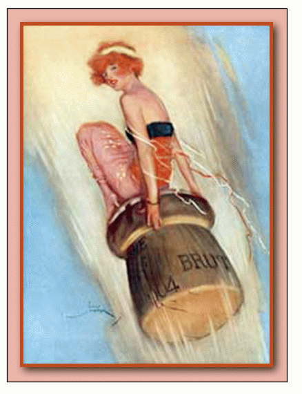 English magazine illustration of a lady riding a champagne cork, 1915.