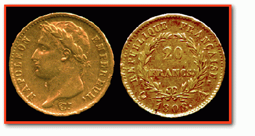 French gold coins feature Napoleon's profile.