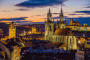 Prague from Powder Tower, with Our Lady before TÃ½n, St. Nicolas, and St. Vitus Cathedral, From ImagesAttr