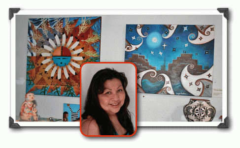 Jocelyn Martinez (inset) with her art, Taos Pueblo