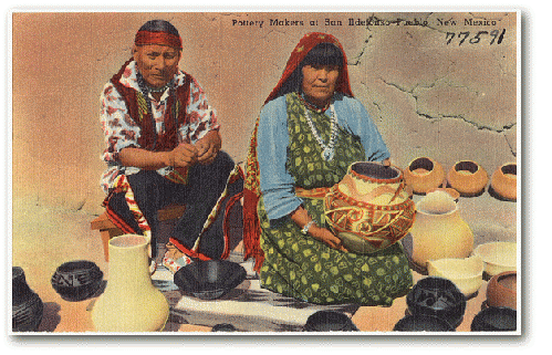 Vintage postcard of potters at Ildefonso Pueblo