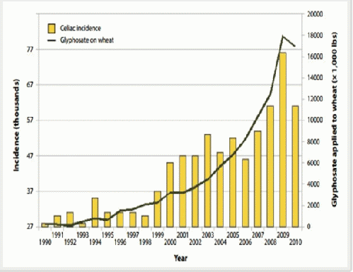 Figure 1. The correlation between increase in celiac disease (gluten intolerance) and increase of the use of the herbicide glyphosate (Roundup ) on the genetically modified grain