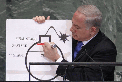 Israeli Prime Minister Benjamin Netanyahu draws a red line on a graphic of a bomb as he addresses the 67th United Nations General Assembly at the UN headquarters in New York, Sept 27, 2012.