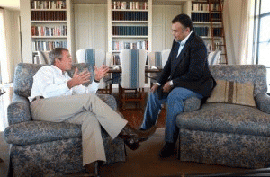 Prince Bandar bin Sultan, then Saudi ambassador to the United States, meeting with President George W. Bush in Crawford, Texas, on Aug. 27, 2002., From ImagesAttr